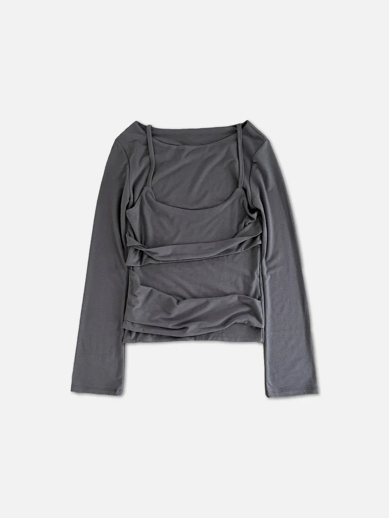 Askhaki Layered Look Long Sleeve Top with Ruched Strap Detail