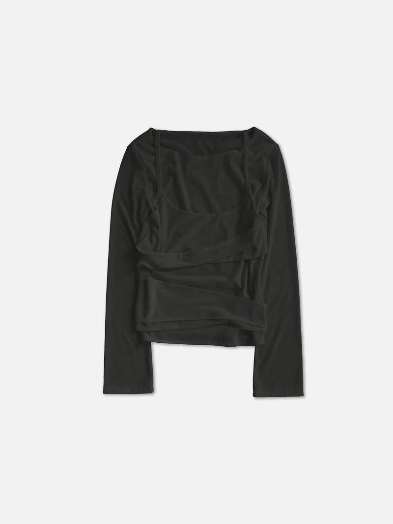 Askhaki Layered Look Long Sleeve Top with Ruched Strap Detail