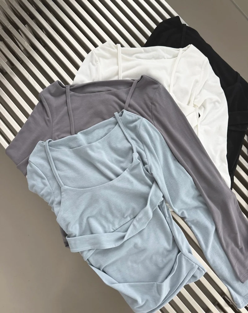 Askhaki Layered Look Long Sleeve Top with Ruched Strap Detail
