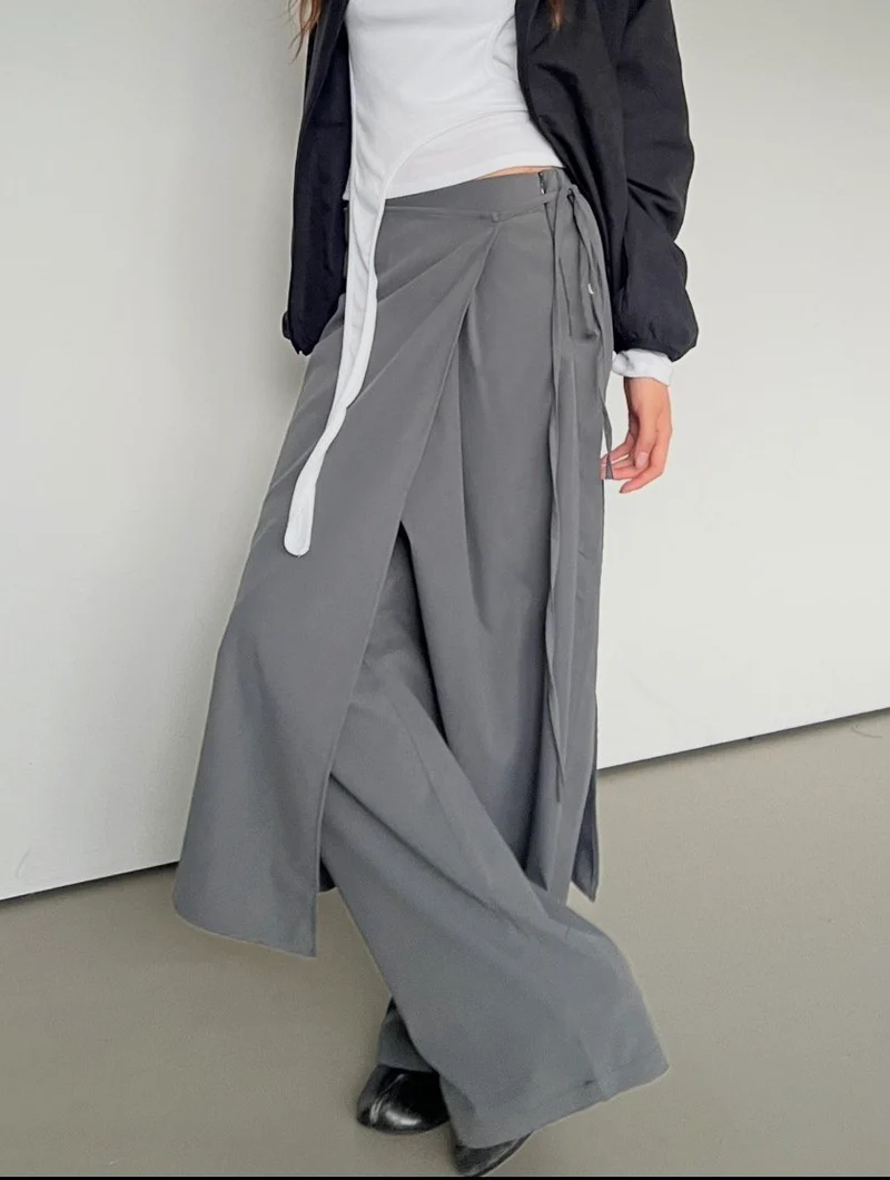 Askhaki Wrap Overlay Wide Leg Pants with Side Tie