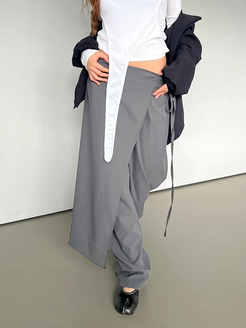 Askhaki Wrap Overlay Wide Leg Pants with Side Tie