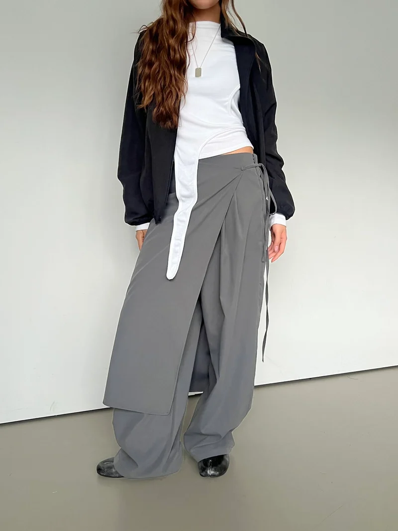 Askhaki Wrap Overlay Wide Leg Pants with Side Tie