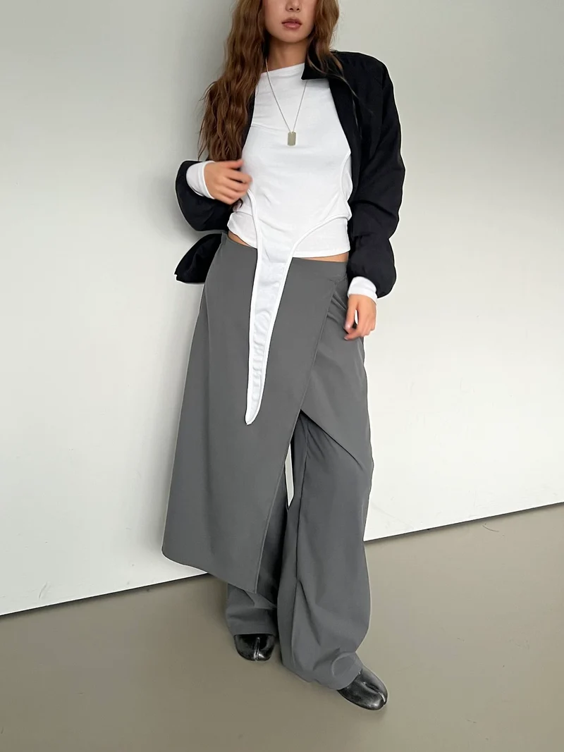 Askhaki Wrap Overlay Wide Leg Pants with Side Tie