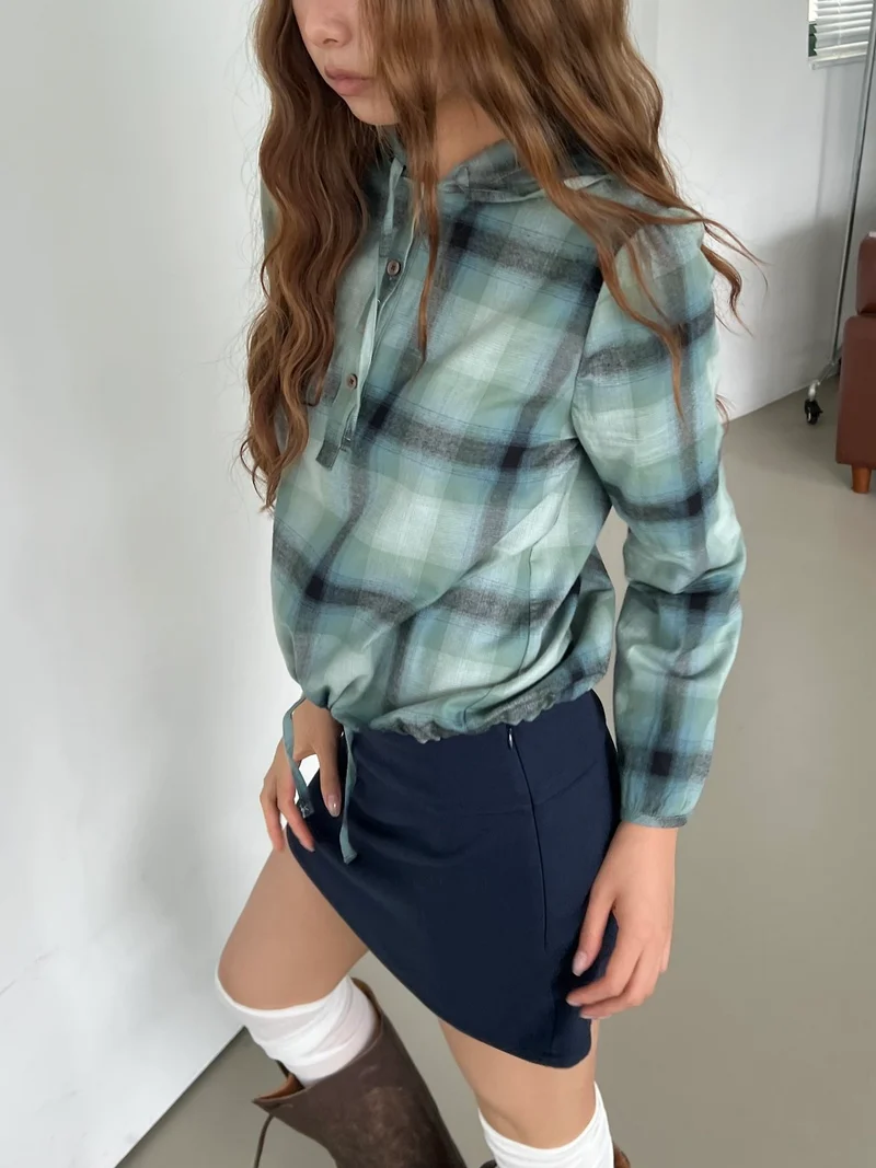 Askhaki Check Pullover Hooded Shirt with Drawstring Hem