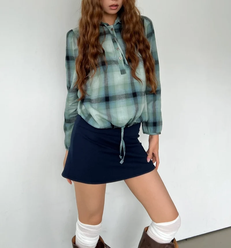 Askhaki Check Pullover Hooded Shirt with Drawstring Hem