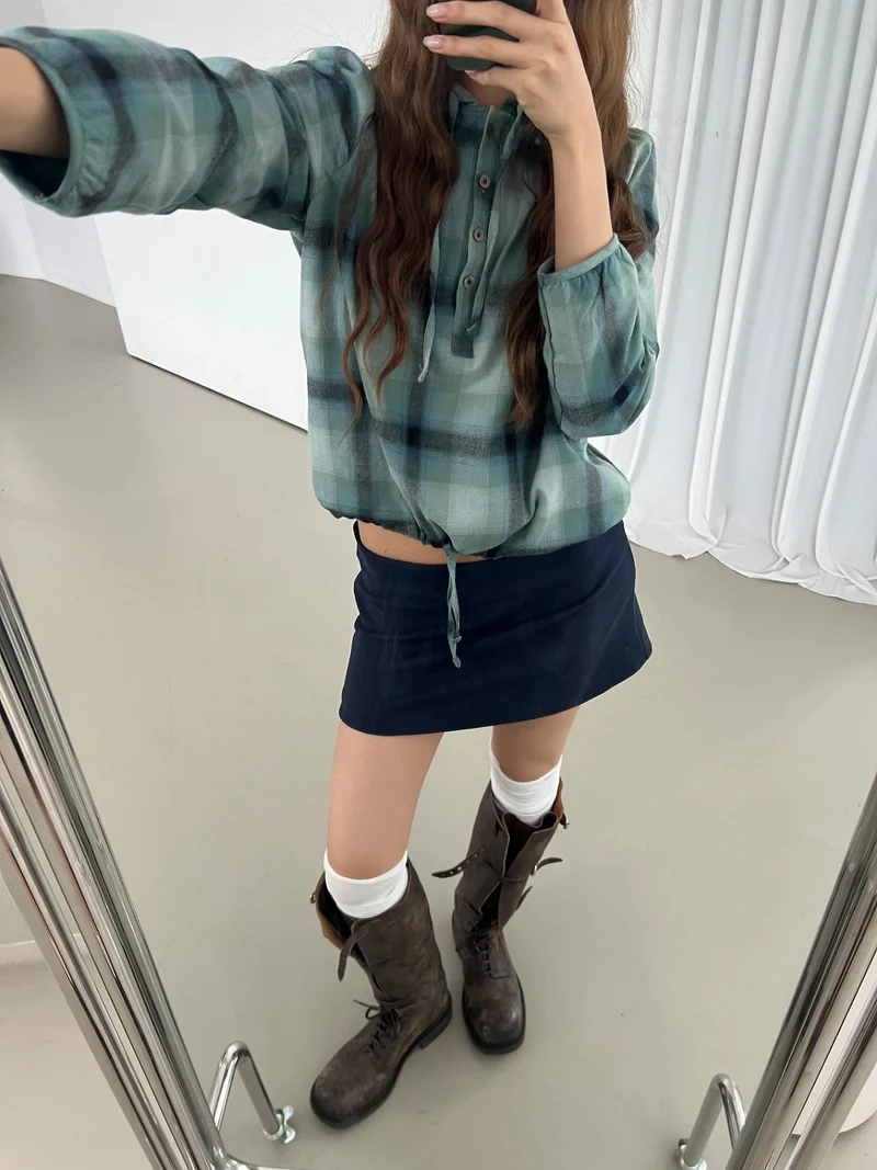Askhaki Check Pullover Hooded Shirt with Drawstring Hem