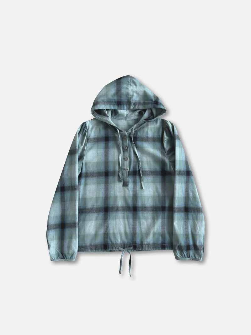 Askhaki Check Pullover Hooded Shirt with Drawstring Hem