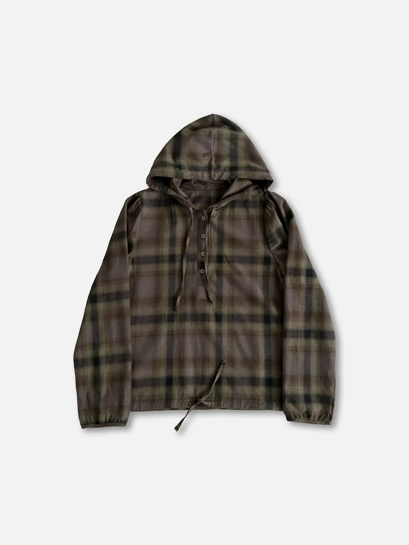 Askhaki Check Pullover Hooded Shirt with Drawstring Hem