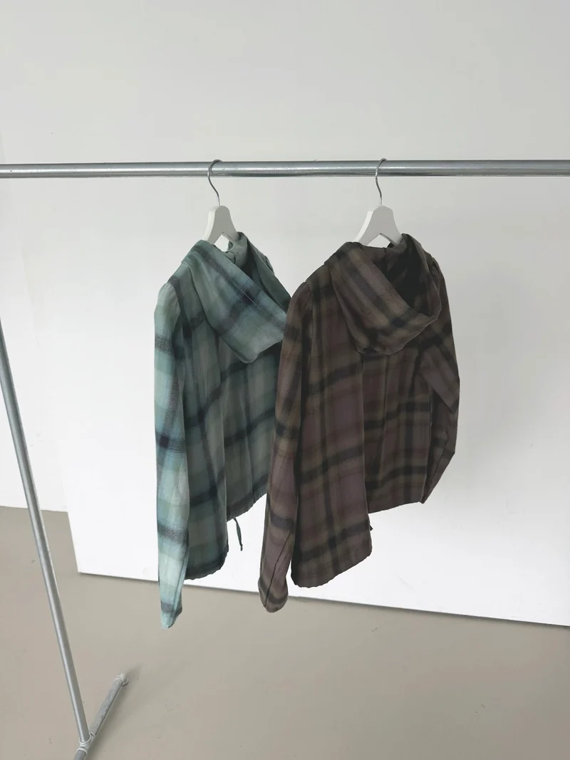Askhaki Check Pullover Hooded Shirt with Drawstring Hem
