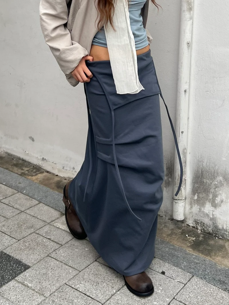 Askhaki Drawstring Waist Maxi Cargo Pocket Apron Skirt
