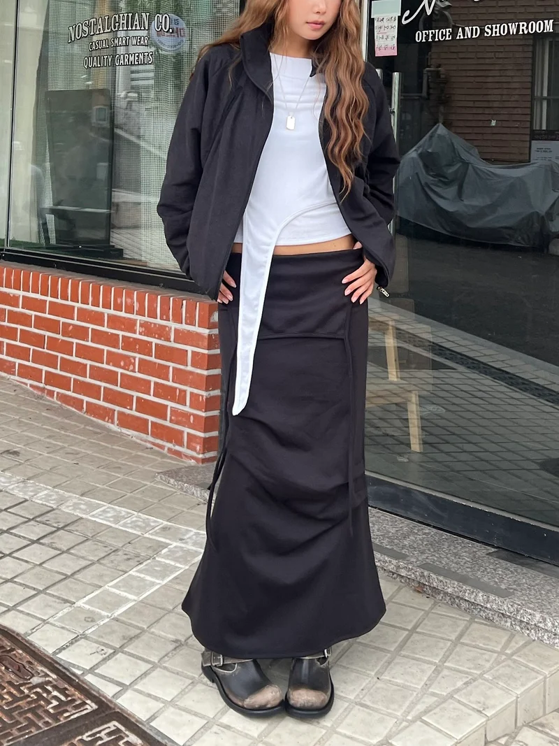 Askhaki Drawstring Waist Maxi Cargo Pocket Apron Skirt