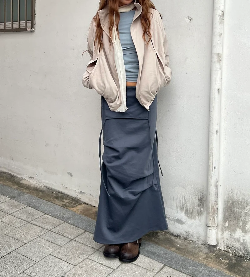 Askhaki Drawstring Waist Maxi Cargo Pocket Apron Skirt