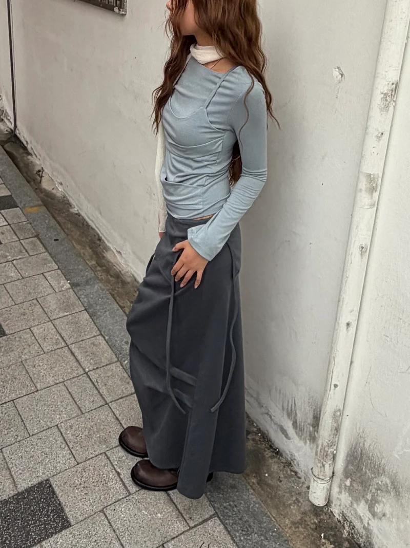 Askhaki Drawstring Waist Maxi Cargo Pocket Apron Skirt