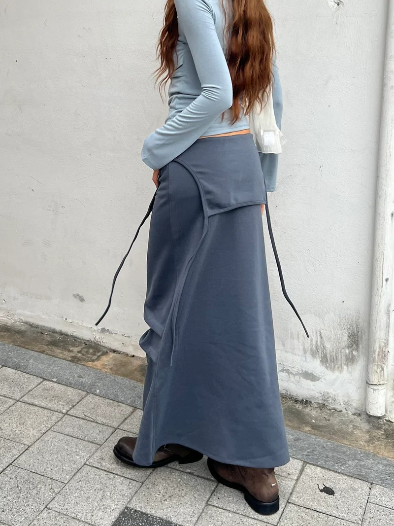 Askhaki Drawstring Waist Maxi Cargo Pocket Apron Skirt