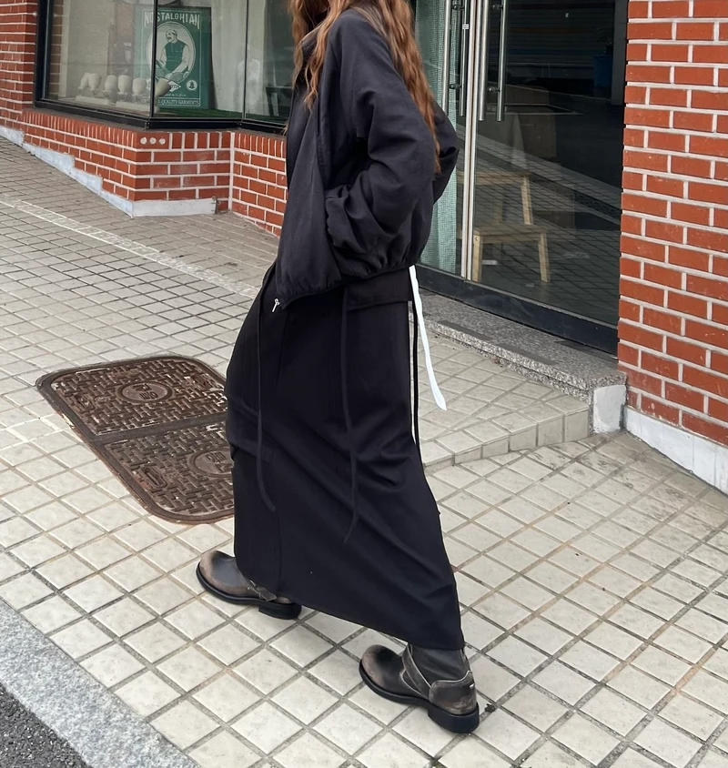 Askhaki Drawstring Waist Maxi Cargo Pocket Apron Skirt