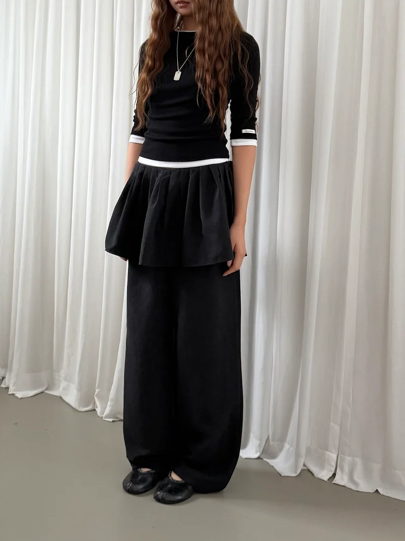 Askhaki Pleated Skirt Overlay Wide Leg Pants