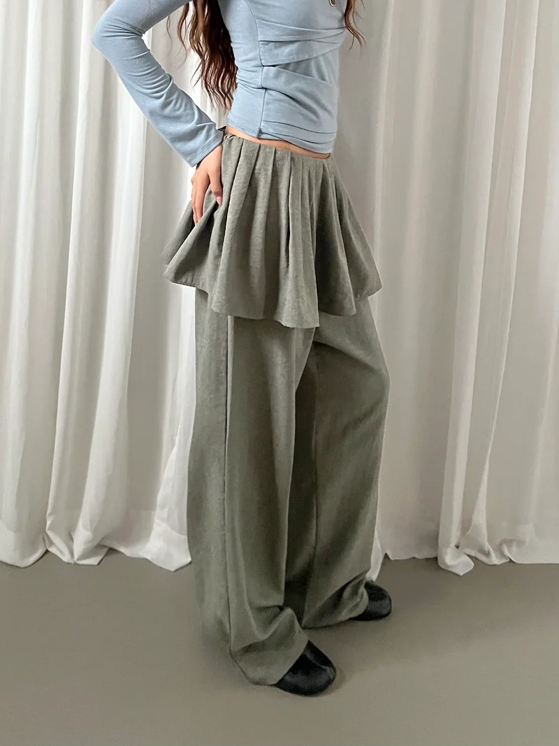 Askhaki Pleated Skirt Overlay Wide Leg Pants
