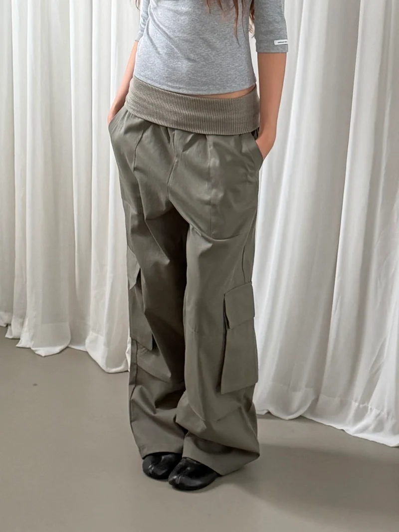 Askhaki Rib Waistband Wide Leg Cargo Pants