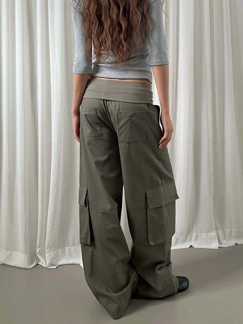 Askhaki Rib Waistband Wide Leg Cargo Pants