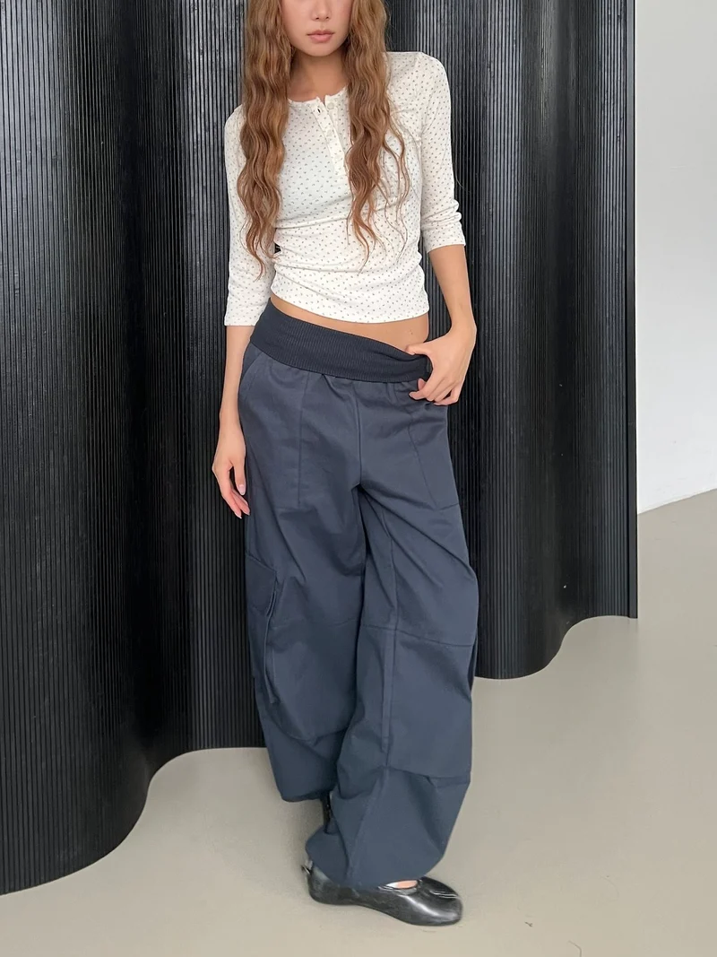 Askhaki Rib Waistband Wide Leg Cargo Pants