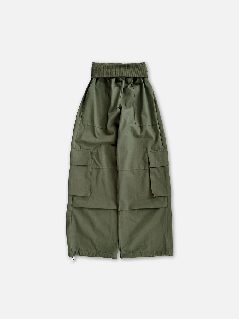 Askhaki Rib Waistband Wide Leg Cargo Pants