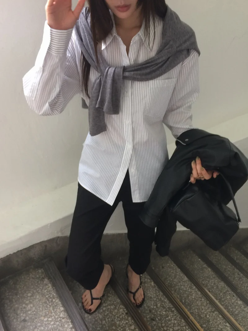 Anou Stripe Overfit Shirt with Back Drawstring Detail