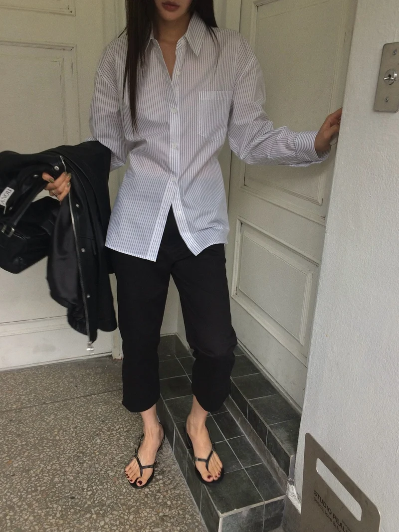 Anou Stripe Overfit Shirt with Back Drawstring Detail