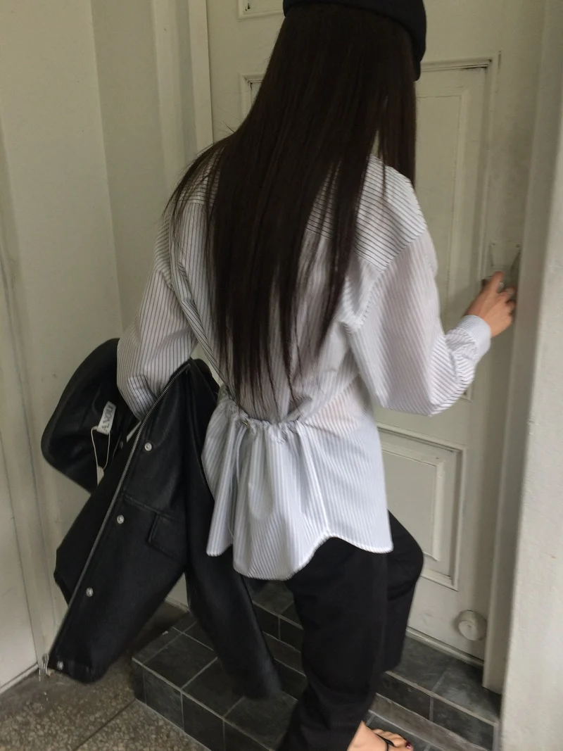 Anou Stripe Overfit Shirt with Back Drawstring Detail