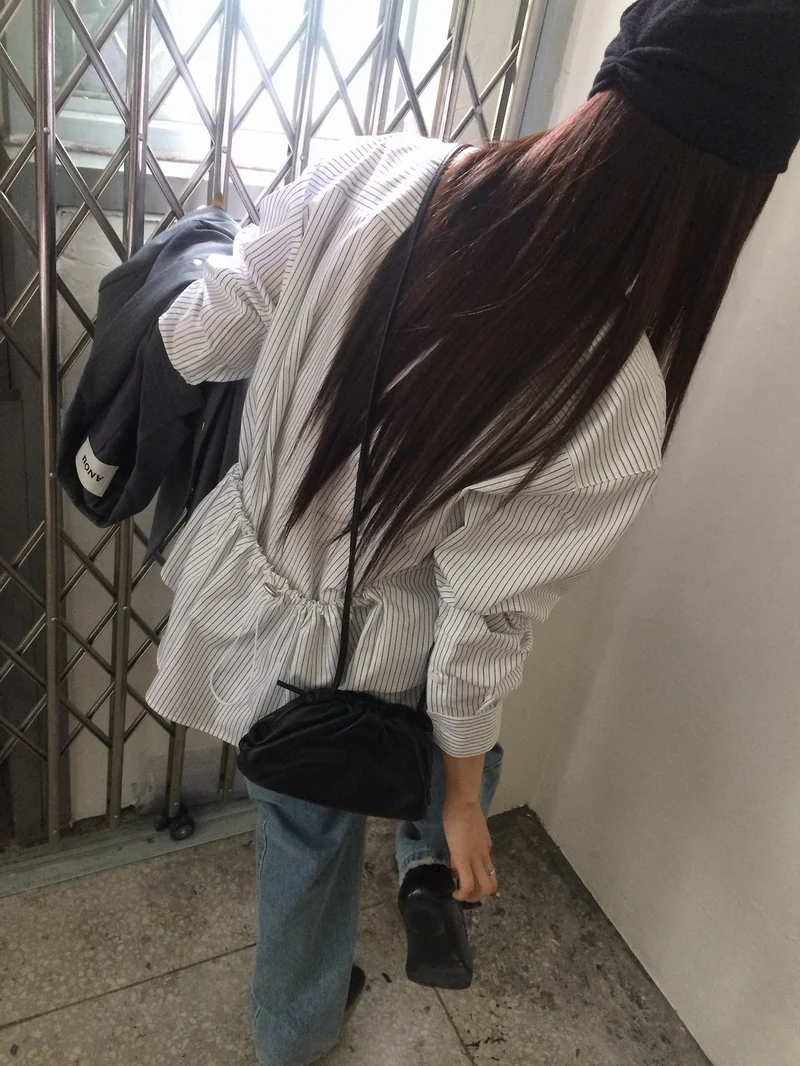 Anou Stripe Overfit Shirt with Back Drawstring Detail