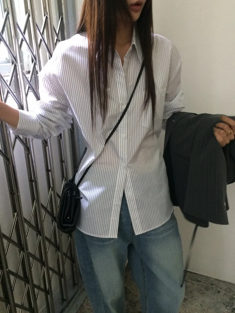 Anou Stripe Overfit Shirt with Back Drawstring Detail