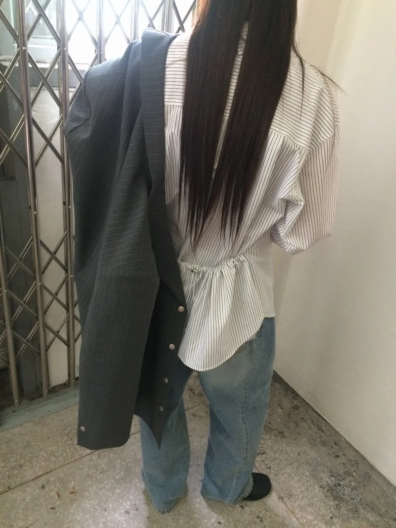 Anou Stripe Overfit Shirt with Back Drawstring Detail