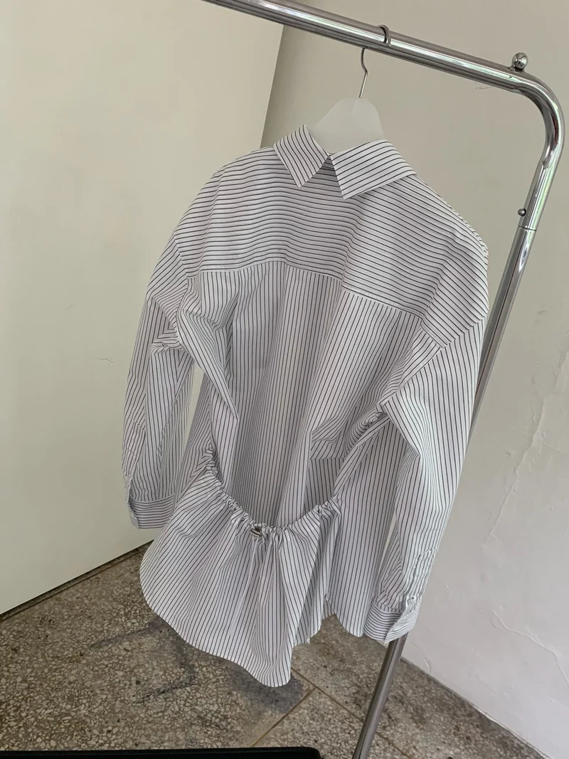 Anou Stripe Overfit Shirt with Back Drawstring Detail