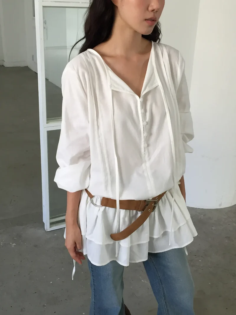 Lovemoment Button Front Drawstring Ruffle Mini Dress