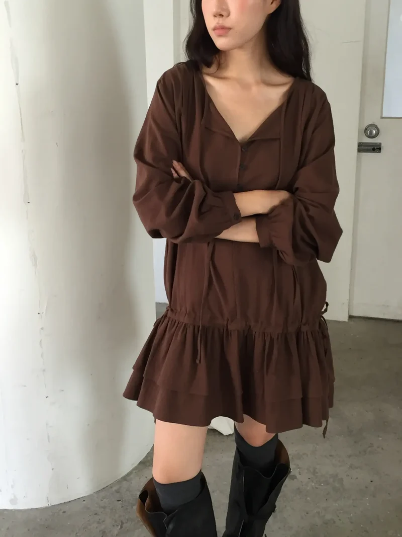 Lovemoment Button Front Drawstring Ruffle Mini Dress
