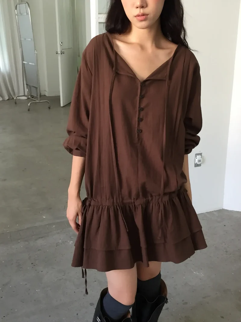 Lovemoment Button Front Drawstring Ruffle Mini Dress