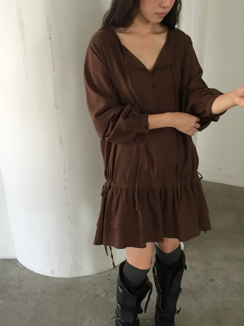 Lovemoment Button Front Drawstring Ruffle Mini Dress