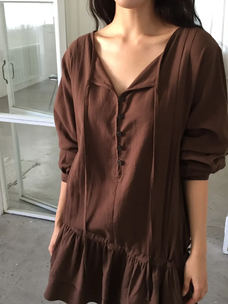 Lovemoment Button Front Drawstring Ruffle Mini Dress