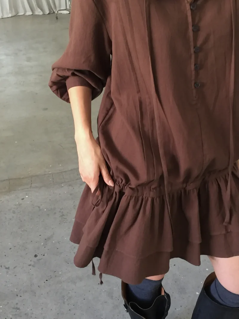 Lovemoment Button Front Drawstring Ruffle Mini Dress
