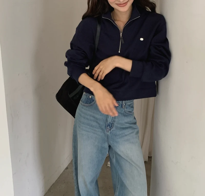 LeAhicon Cropped Stand Collar Half Zip Sweatshirt