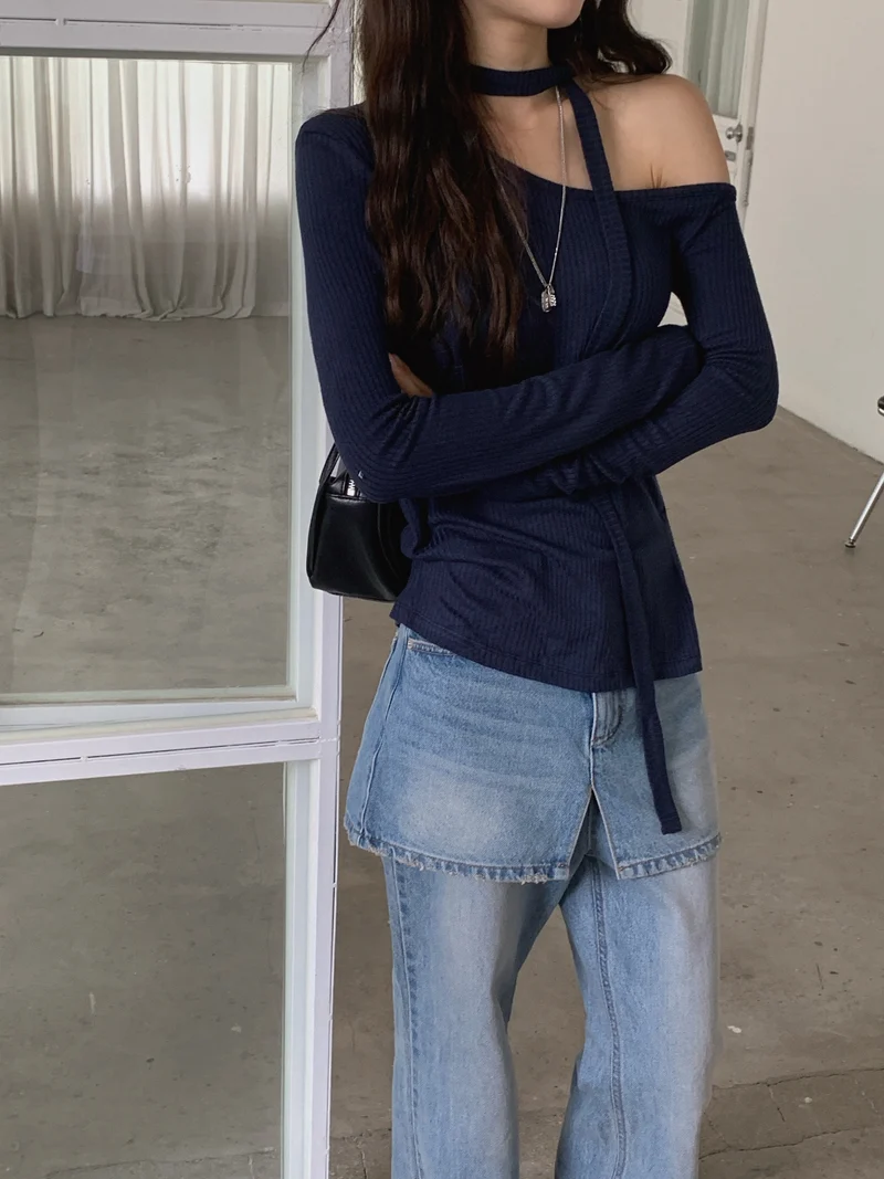 LeAhicon Off Shoulder Choker Strap Ribbed Knit Top