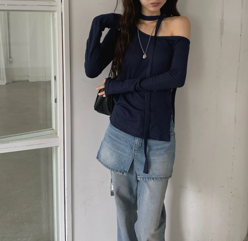 LeAhicon Off Shoulder Choker Strap Ribbed Knit Top