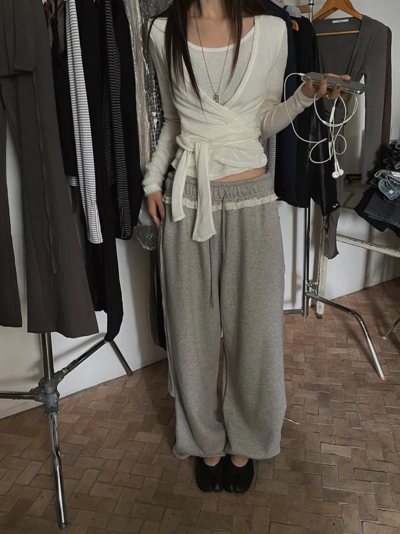 LeAhicon Lace Trim Drawstring Wide Leg Sweat Pants