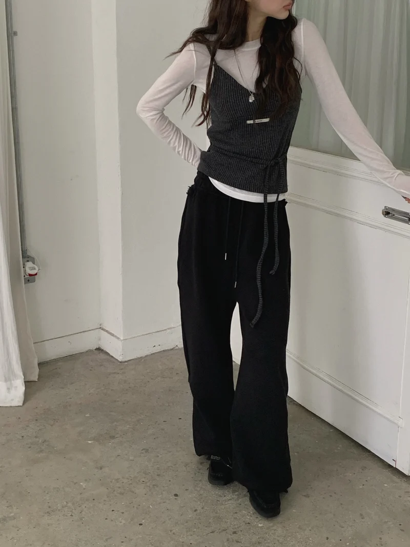 LeAhicon Lace Trim Drawstring Wide Leg Sweat Pants