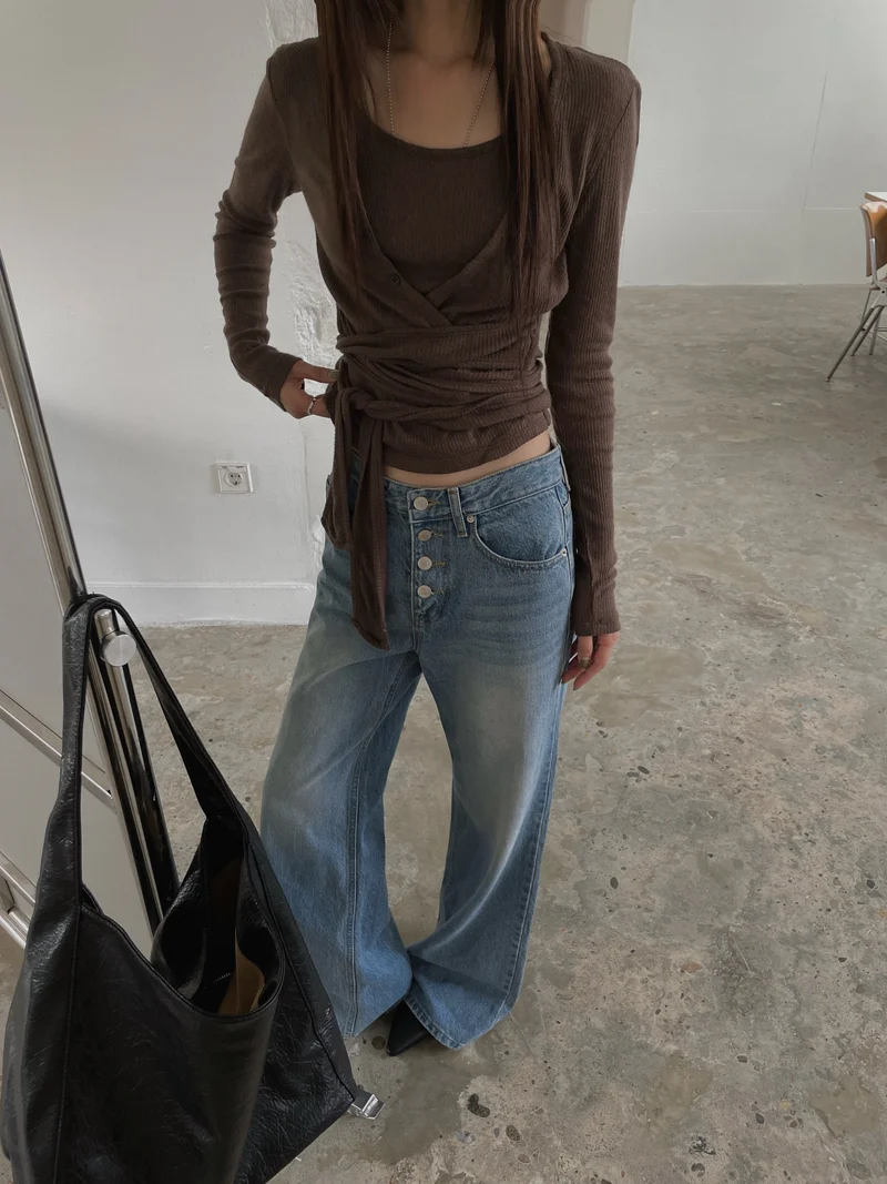 LeAhicon High Waist Button Fly Wide Straight Jeans