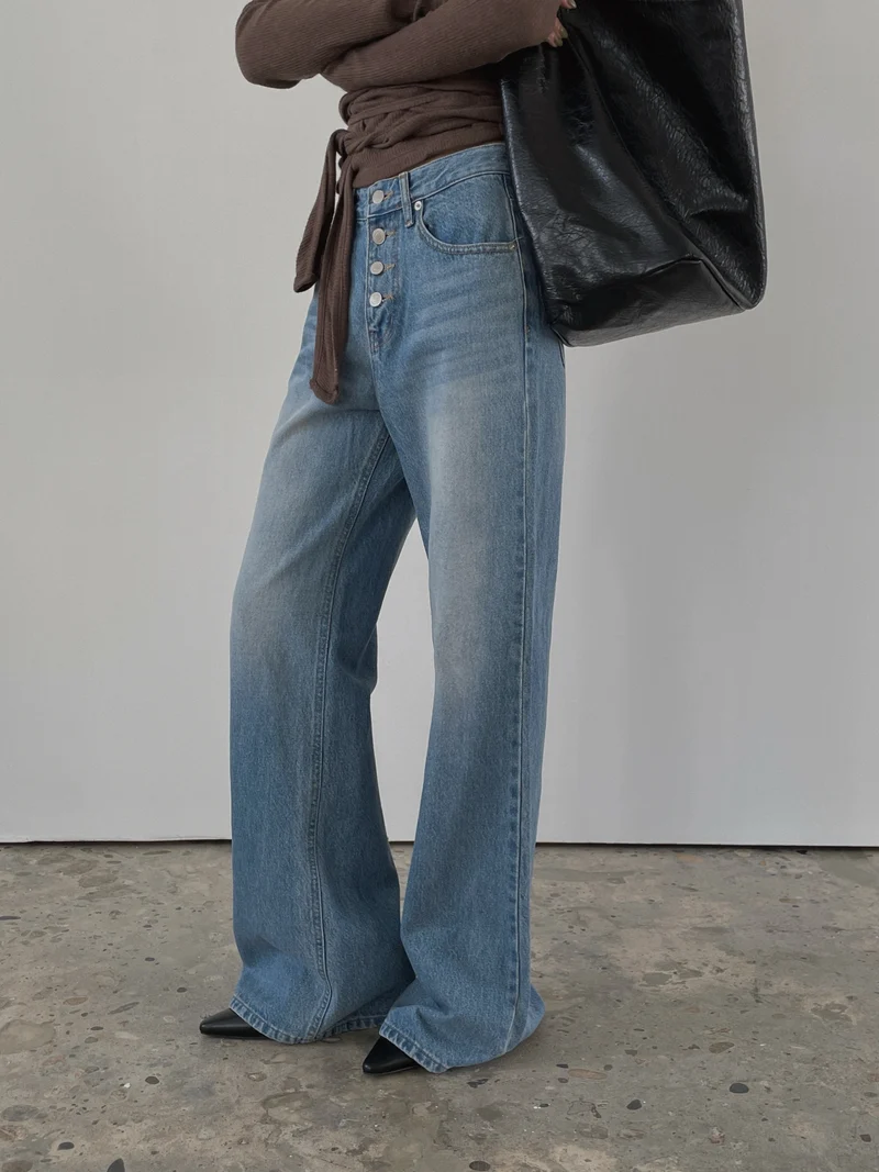 LeAhicon High Waist Button Fly Wide Straight Jeans