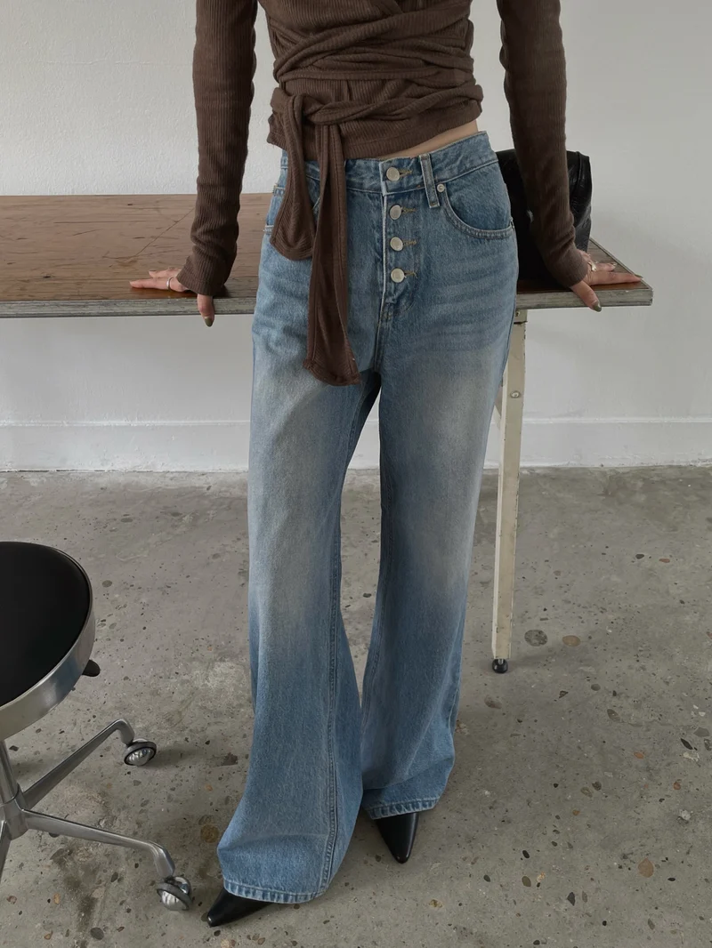 LeAhicon High Waist Button Fly Wide Straight Jeans
