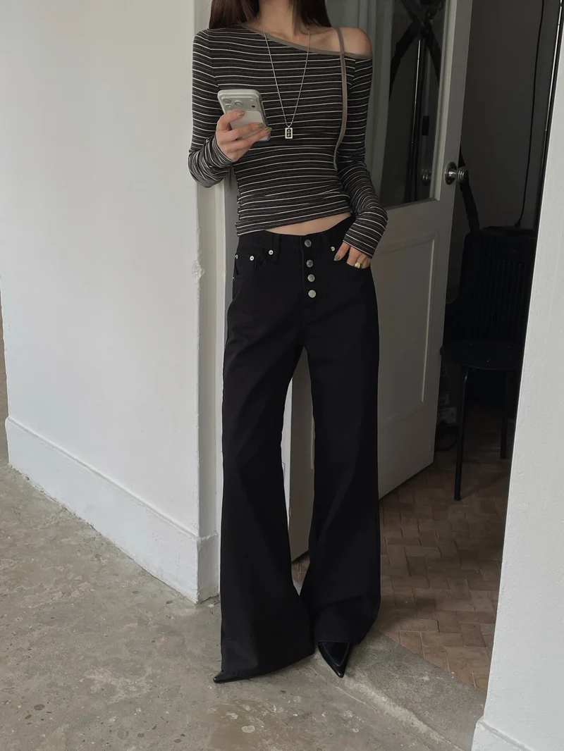 LeAhicon High Waist Button Fly Wide Straight Jeans