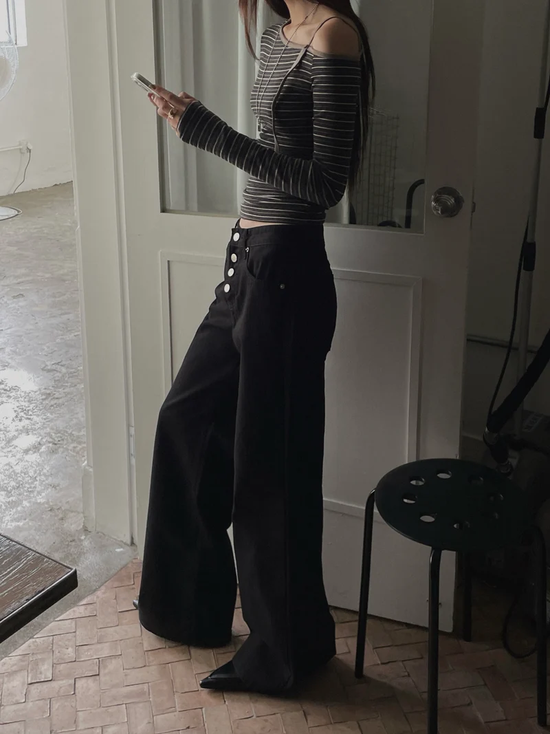 LeAhicon High Waist Button Fly Wide Straight Jeans