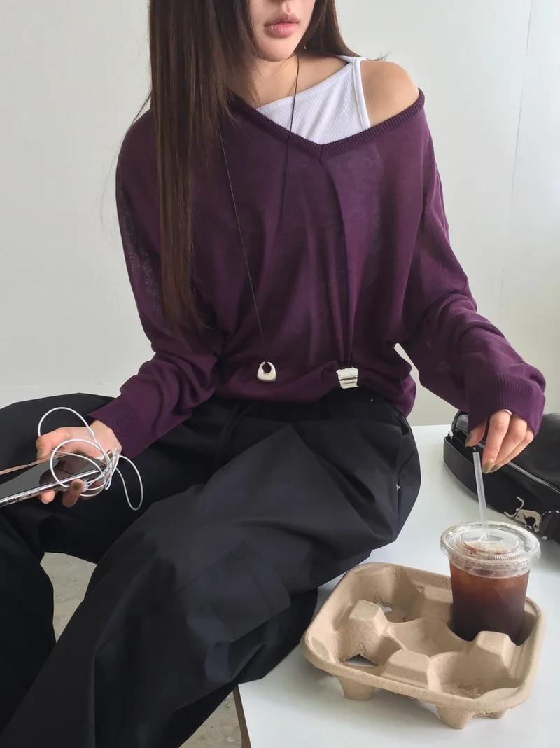 (2Pack) Nweol V-Neck Drop Shoulder Oversized Knit Sweater