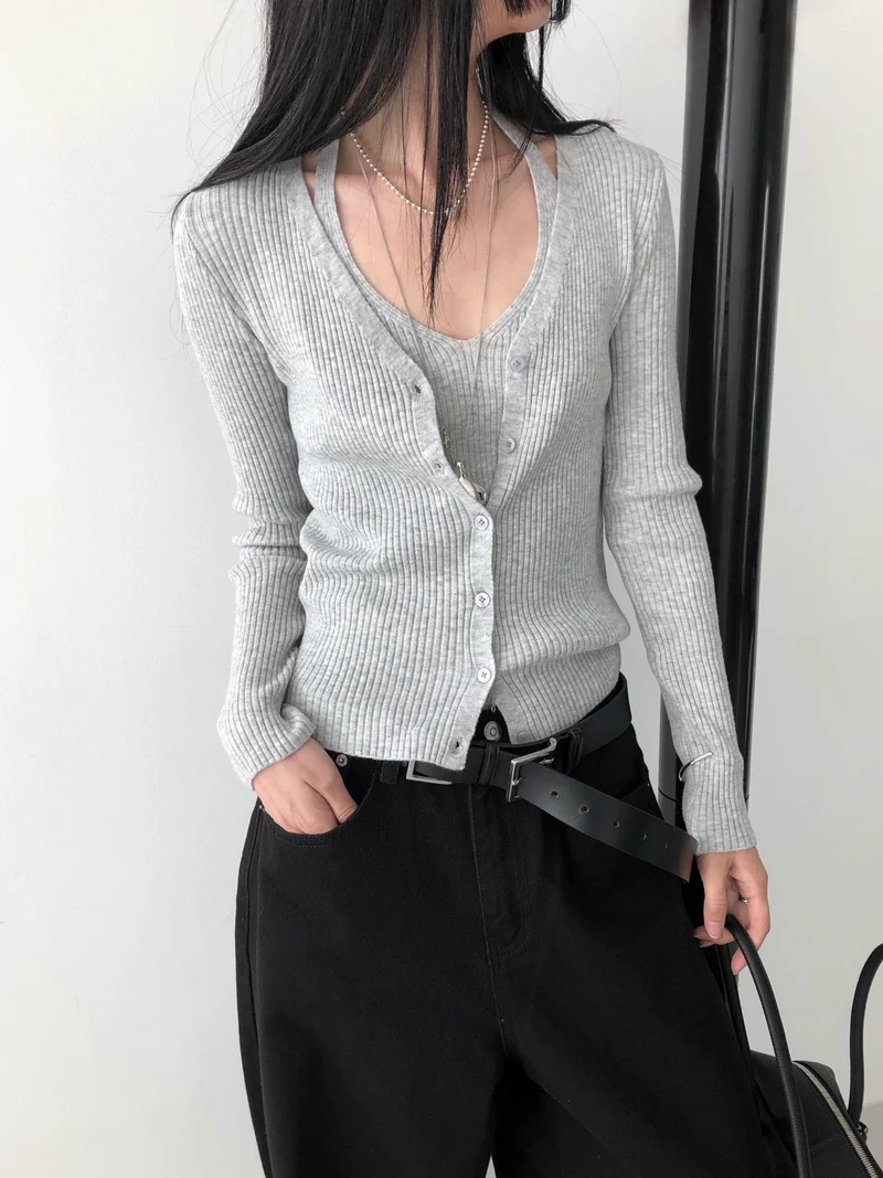 Nweol Ribbed Knit Cardigan and Tank Top Set